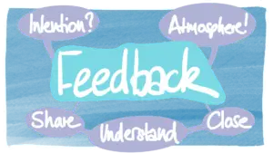 Graphic with words: Feedback - Intention? Atmosphere! Share > Understand > Close